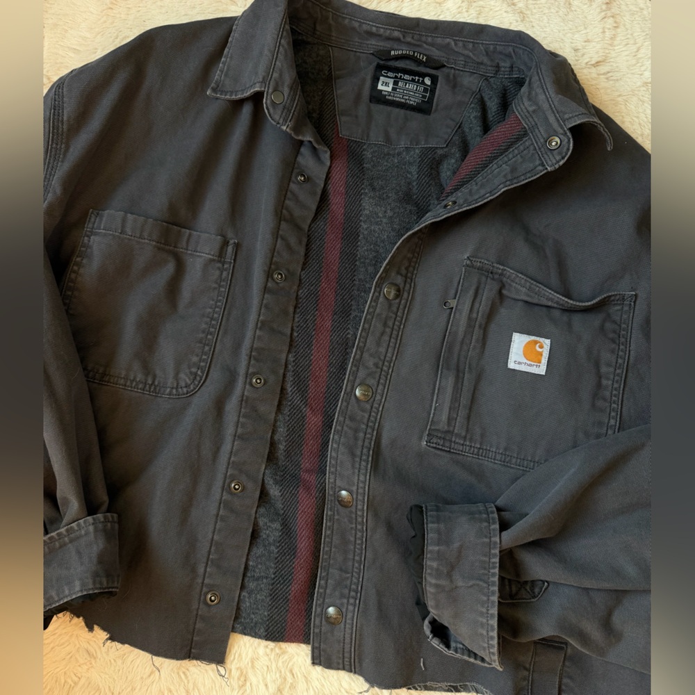 Carhartt Canvas Black Fleece Lined Cropped Shirt Jacket Size 2XL